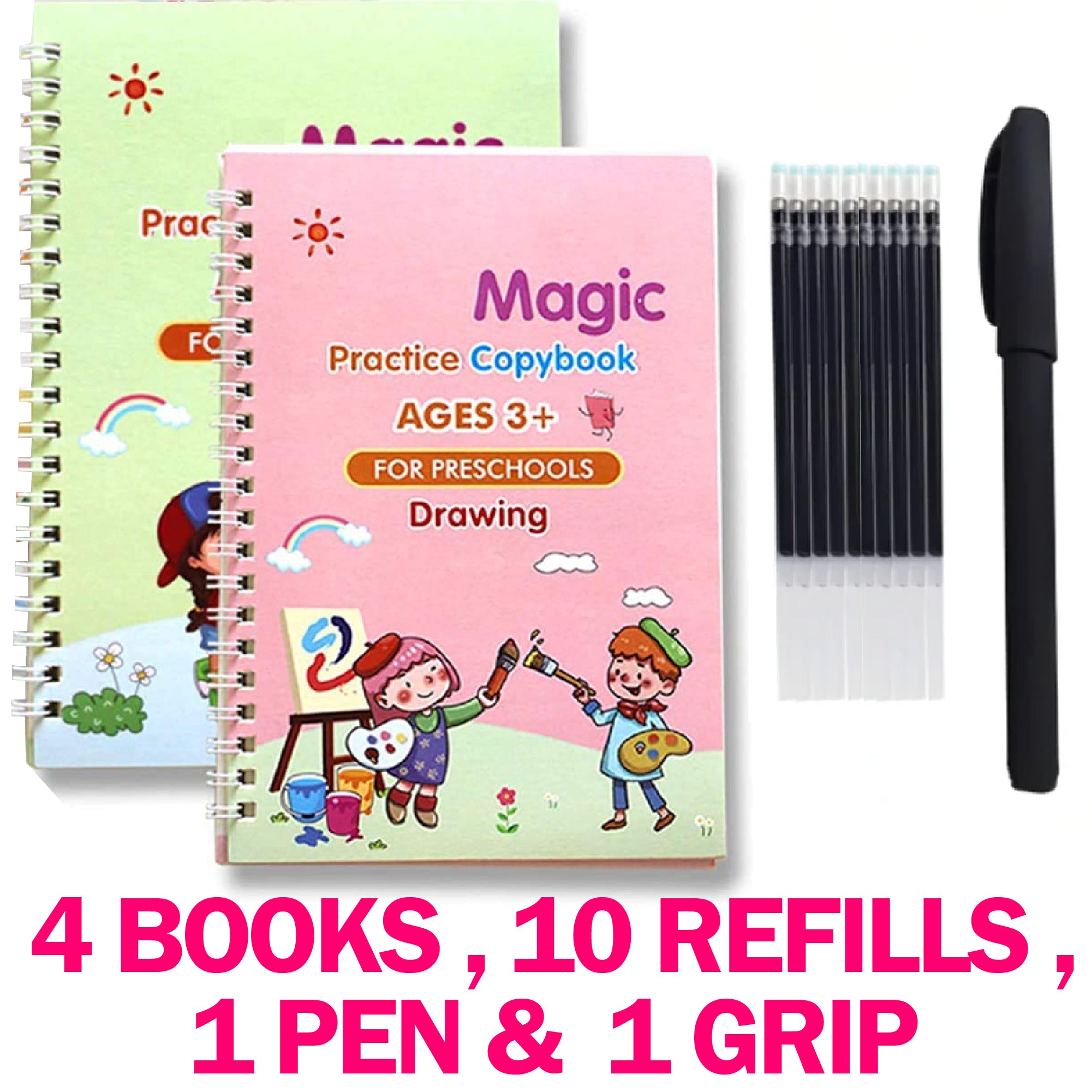 4 in 1 Sank Magic Book | Reusable Magic Practice Copy Book | 4 books + 1 Pen + 10 Refills +1 Grip
