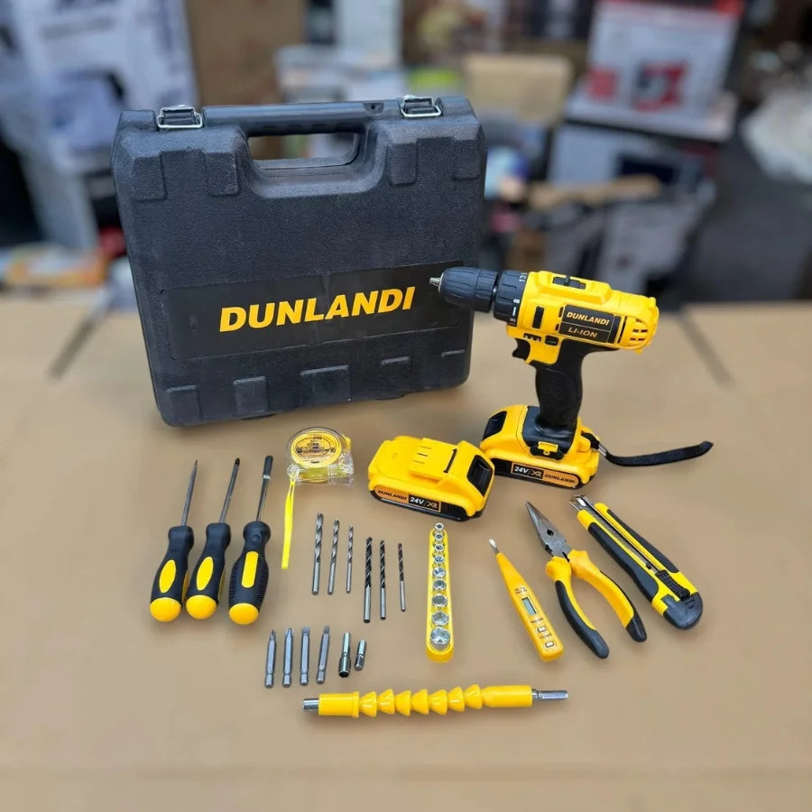 Dunlandi 24V Cordless Drill Machine Set | 2 Batteries & Complete DIY Tool Kit