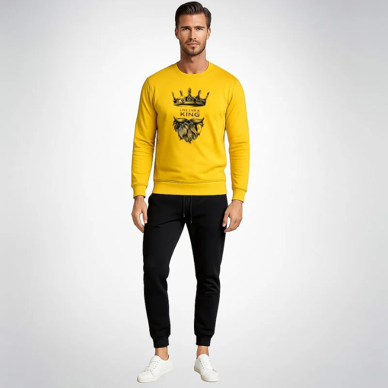 KING Printed Yellow Tracksuit Sweatshirt & Trouser | Warm & Comfortable Winter Wear | Medium