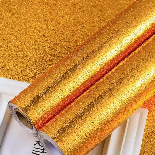 Golden Foil Kitchen Wallpaper Sticker (60*200 cm) | Peel & Stick Aluminum Foil Wallpaper | Self-Adhesive, Oil-Proof, and Waterproof for Kitchen Decor
